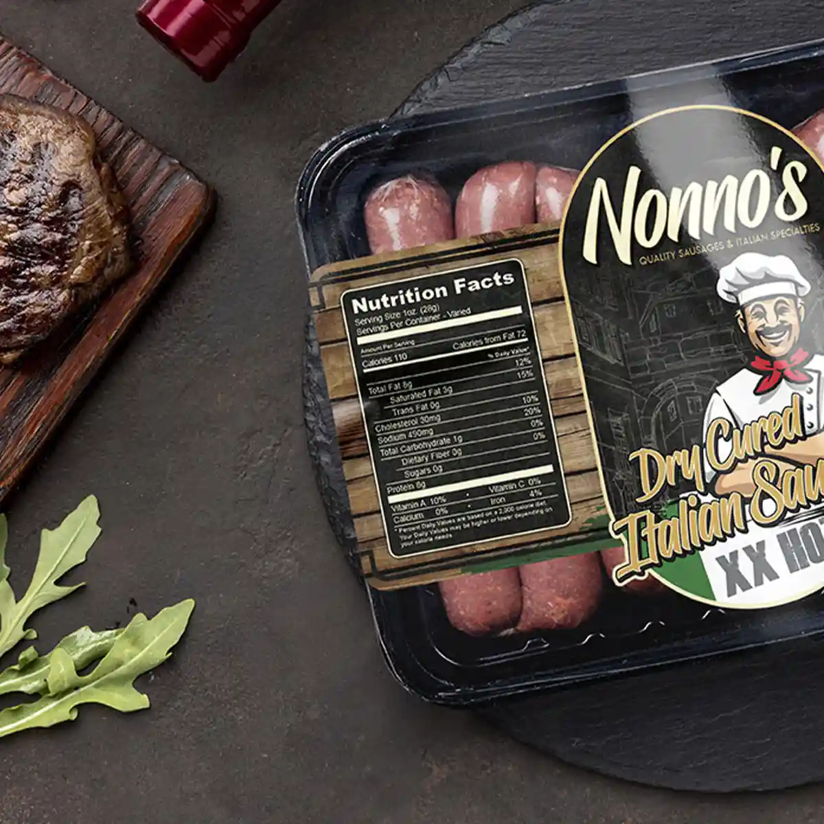 Project Nonno's - A Product Label design for Nonno's Sausage shown on a package of sausage links against a slate background.