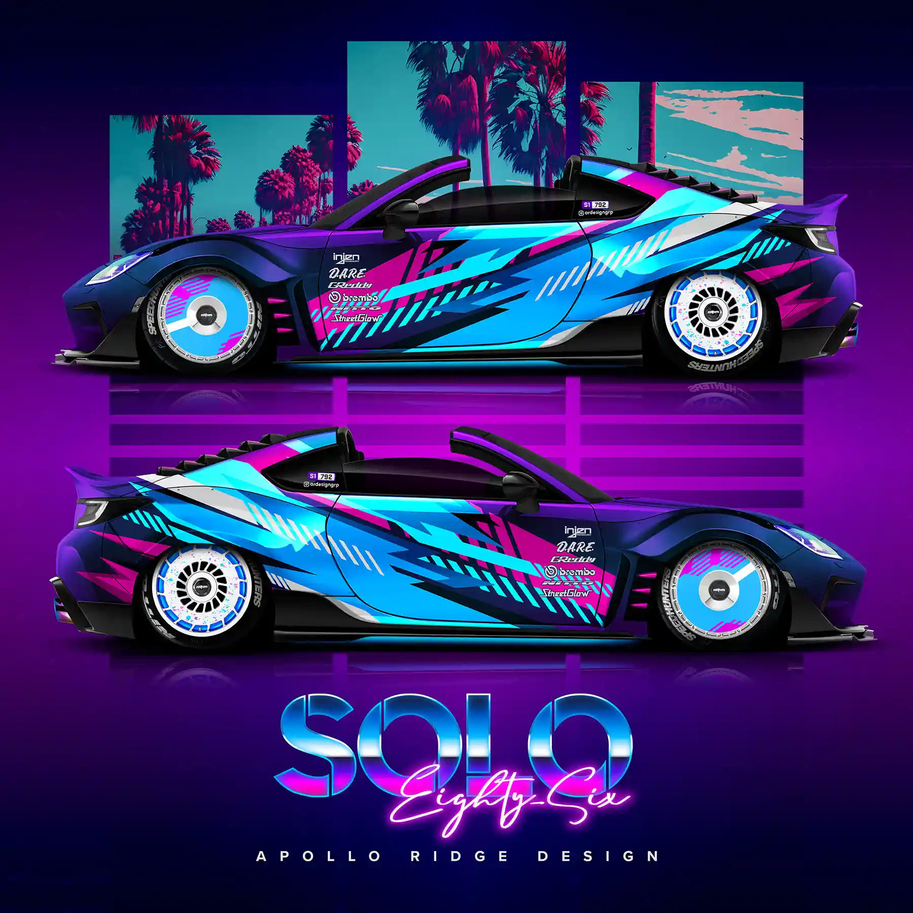 Project SOLO 86 - A Toyota BRZ side view rendering with an 80's Retro Wrap Design.